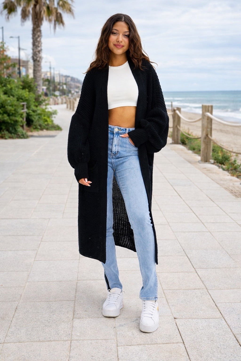 Long gilet en maille avec poches